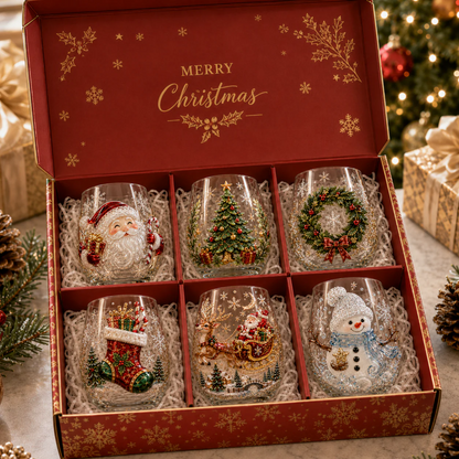 🎄Magical Christmas 3D Glass Cup Collection – Santa, Reindeer, Snowman & Christmas Tree
