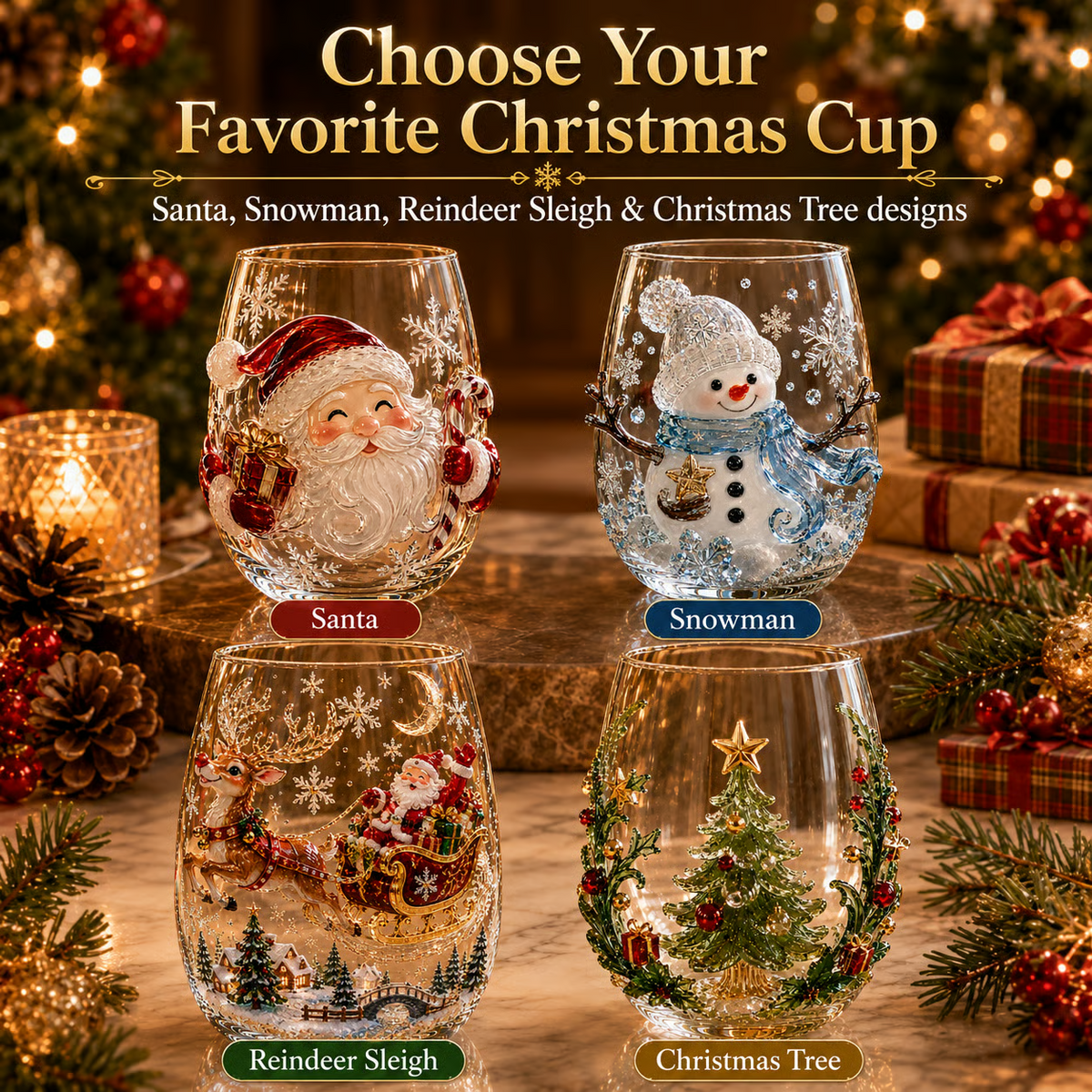 🎄Magical Christmas 3D Glass Cup Collection – Santa, Reindeer, Snowman & Christmas Tree